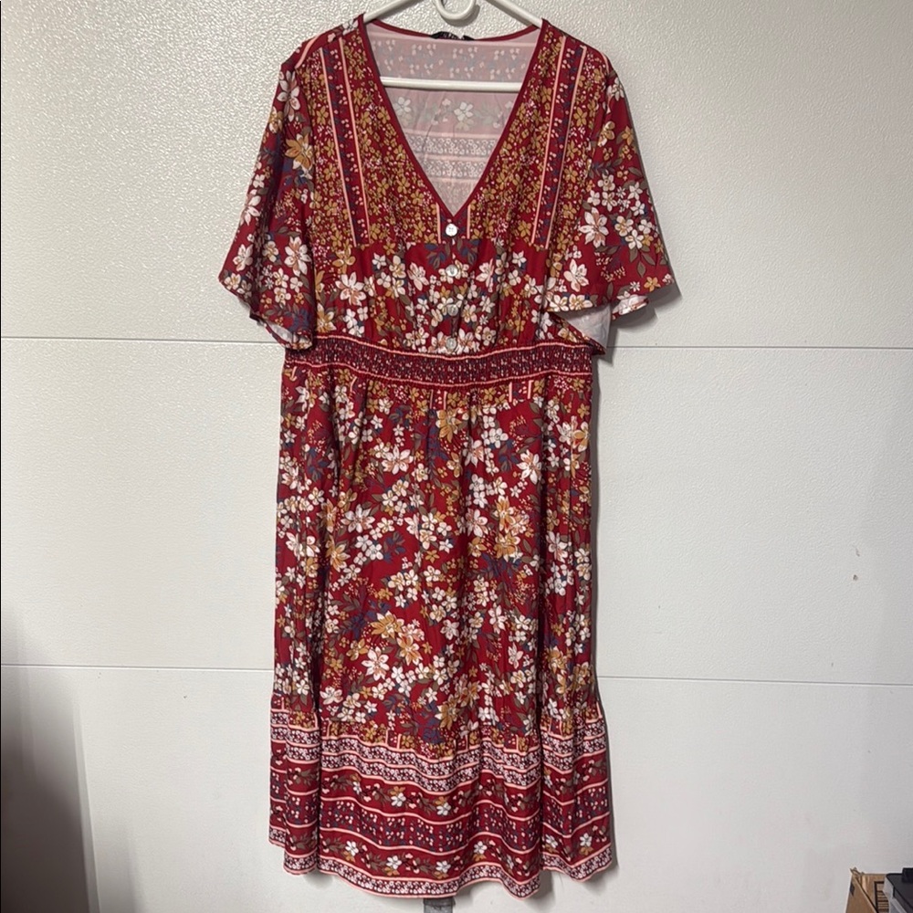BloomChic Red V-Neck Flutter Sleeve Midi Dress